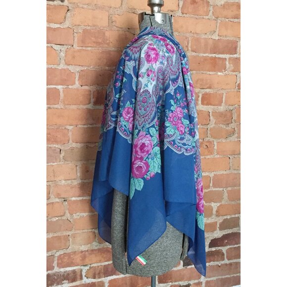 Vintage Italian Scarf | Blue Roses and Paisley Shawl | Made in Italy - Picture 4 of 7